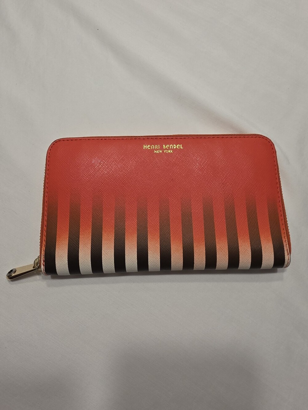 Henri Bendel Saffiano Leather Continental Zip Around Wallet Orange White Black